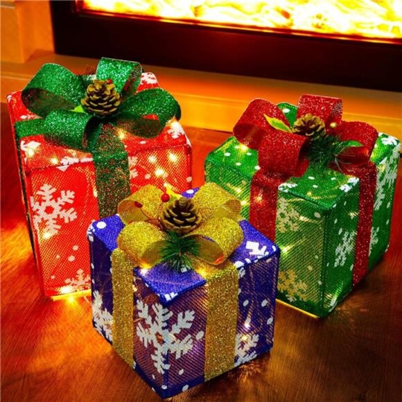 Set of 3 Lighted Gift Boxes Christmas Decorations, Snowflake Present - Picture 1 of 8